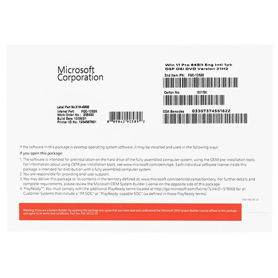 Phần mềm Microsoft Windows Pro 11 64Bit Eng Intl 1pk DSP OEI DVD FQC-10528